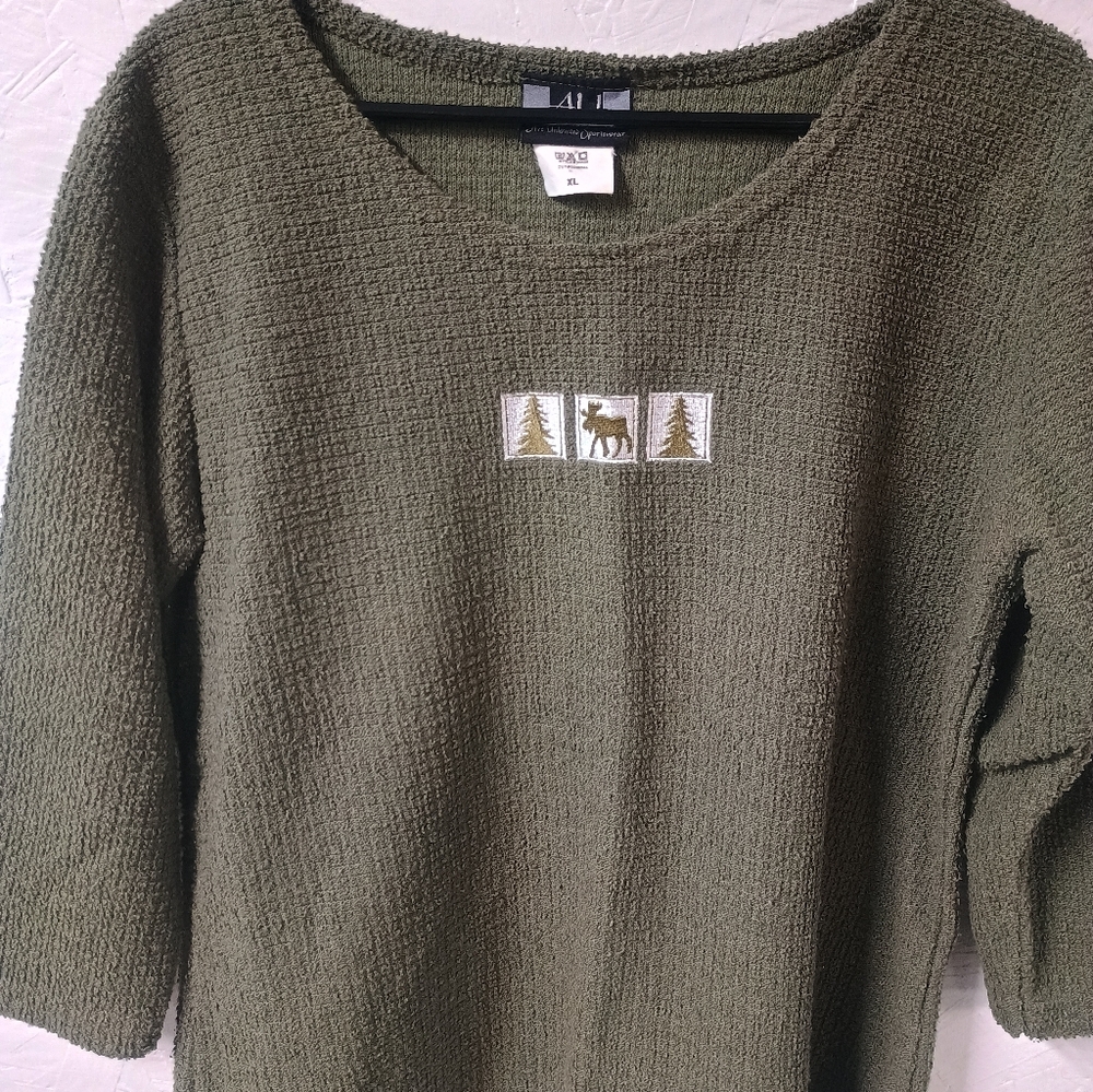 Olive Green Textured Sweater with Nature Motif